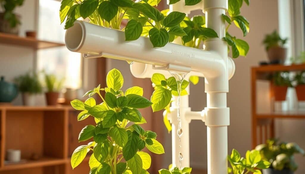 A detailed and vibrant DIY hydroponic garden tower made from white PVC pipes, showcasing a multi-level structure with green leafy plants thriving at various stages. The foreground features lush basil and lettuce plants cascading down each tier, while water drops glisten on the leaves illuminated by bright natural sunlight. In the middle, the hydroponic system's PVC assemble is clearly visible, with a gentle water flow cascading from one level to another. The background includes a cozy indoor setting with wooden shelving and a hint of potted herbs, softly illuminated by airy, warm sunlight filtering through a window. The overall atmosphere evokes a sense of sustainable living and creativity, perfect for inspiring indoor gardening projects.