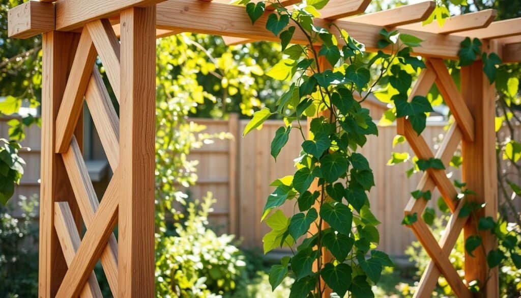 A detailed image of an advanced DIY trellis designed for heavy climbing vines, set in a bright, airy garden. The foreground features a robust, wooden trellis structure made from sturdy timber, showcasing diagonal bracing for support and a lattice design for vine growth. In the middle ground, vibrant green vines are beginning to wrap around the trellis, illustrating its functionality. The background includes a sunny garden with soft sunlight filtering through leaves, creating a warm, inviting atmosphere. The photo is taken with a wide-angle lens to capture the trellis's scale and the lush garden around it, emphasizing the craftsmanship and practicality of the trellis design. The overall mood is serene and inspiring, perfect for aspiring gardeners.