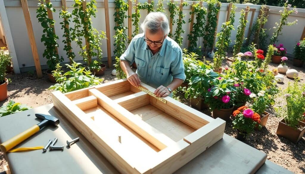 A detailed step-by-step guide to building a simple trellis for climbing plants, focusing on common mistakes to avoid. In the foreground, showcase a wooden trellis partially constructed, with various tools like a hammer, screws, and measuring tape neatly arranged beside it. The middle layer features an adult in modest casual clothing, carefully measuring wood pieces, with an expression of concentration. Behind them, a sunny garden setting is visible, filled with climbing plants and vibrant flowers, depicting a warm, inviting atmosphere. Soft, diffused sunlight casts gentle shadows, enhancing the clarity of the scene. The camera angle should be slightly above eye level, capturing the entire setup in a well-composed and bright environment, emphasizing an educational and serene feeling.