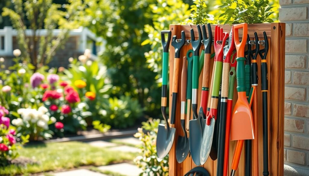 A freestanding garden tool storage rack made of natural wood, showcasing an organized arrangement of various gardening tools like shovels, rakes, and pruners, neatly hung on hooks. The foreground highlights the rich texture of the wood with a polished finish, while the middle features the tools in vibrant colors that contrast beautifully against the wooden rack. In the background, a well-tended garden is visible, with flowering plants and lush greenery basking in bright, soft sunlight, giving the scene an airy feel. The composition is captured from a slightly elevated angle to emphasize depth and organization, creating a cheerful and inviting atmosphere that inspires creativity in yard maintenance. A freestanding garden tool storage rack made of natural wood, showcasing an organized arrangement of various gardening tools like shovels, rakes, and pruners, neatly hung on hooks. The foreground highlights the rich texture of the wood with a polished finish, while the middle features the tools in vibrant colors that contrast beautifully against the wooden rack. In the background, a well-tended garden is visible, with flowering plants and lush greenery basking in bright, soft sunlight, giving the scene an airy feel. The composition is captured from a slightly elevated angle to emphasize depth and organization, creating a cheerful and inviting atmosphere that inspires creativity in yard maintenance.