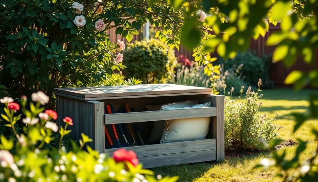 A hidden outdoor storage box nestled in a lush garden, designed to blend seamlessly with the natural surroundings. In the foreground, the box is made of weathered wood, featuring a sliding top that opens to reveal well-organized compartments for garden tools and cushions. The middle ground shows vibrant greenery and blooming flowers, framing the storage box. The background includes a soft-focus view of a sunny backyard, with gentle rays of sunlight filtering through leaves, creating a warm, inviting atmosphere. The scene is captured from a slightly elevated angle, highlighting the practical yet aesthetic design. The image conveys a mood of tranquility and clutter-free organization, perfect for a serene outdoor space. A hidden outdoor storage box nestled in a lush garden, designed to blend seamlessly with the natural surroundings. In the foreground, the box is made of weathered wood, featuring a sliding top that opens to reveal well-organized compartments for garden tools and cushions. The middle ground shows vibrant greenery and blooming flowers, framing the storage box. The background includes a soft-focus view of a sunny backyard, with gentle rays of sunlight filtering through leaves, creating a warm, inviting atmosphere. The scene is captured from a slightly elevated angle, highlighting the practical yet aesthetic design. The image conveys a mood of tranquility and clutter-free organization, perfect for a serene outdoor space.