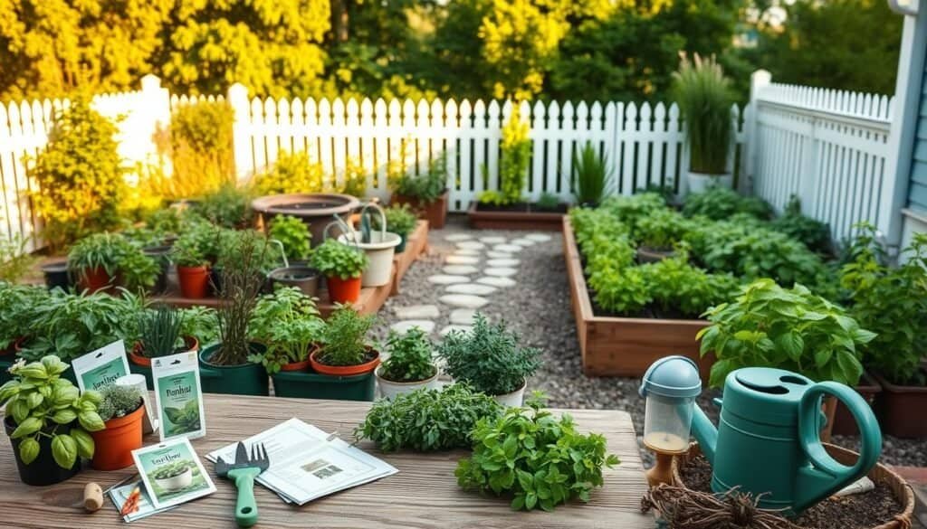 A lush and vibrant beginner's herb garden nestled in a sunny backyard setting, featuring neatly arranged pots of basil, rosemary, parsley, and mint in various shades of green. In the foreground, a wooden garden table holds gardening tools, seed packets, and a watering can, evoking a sense of productivity and care. The middle ground showcases raised garden beds filled with thriving herbs, surrounded by decorative stone pathways for easy access. In the background, a white picket fence borders the garden, softly illuminated by the warm, golden light of late afternoon. The scene captures a tranquil and inviting atmosphere, with gentle breezes rustling the herbs, inviting viewers to imagine their own gardening ventures. The composition is shot at eye level, providing an intimate perspective on this beginner-friendly gardening oasis. A lush and vibrant beginner's herb garden nestled in a sunny backyard setting, featuring neatly arranged pots of basil, rosemary, parsley, and mint in various shades of green. In the foreground, a wooden garden table holds gardening tools, seed packets, and a watering can, evoking a sense of productivity and care. The middle ground showcases raised garden beds filled with thriving herbs, surrounded by decorative stone pathways for easy access. In the background, a white picket fence borders the garden, softly illuminated by the warm, golden light of late afternoon. The scene captures a tranquil and inviting atmosphere, with gentle breezes rustling the herbs, inviting viewers to imagine their own gardening ventures. The composition is shot at eye level, providing an intimate perspective on this beginner-friendly gardening oasis.