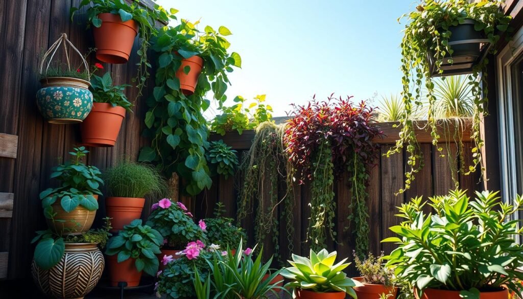 A lush vertical garden thriving on a balcony, showcasing an array of vibrant plants in various containers stacked creatively against a rustic wooden wall. In the foreground, a variety of herbs and colorful flowers spill out of decorative pots, creating an inviting and cozy atmosphere. The middle ground features an assortment of succulents and trailing vines cascading down, with sunlight filtering through the leaves, casting gentle shadows. In the background, a bright blue sky is visible, enhancing the sense of openness and freshness. The scene is bathed in soft, natural light, evoking a peaceful and rejuvenating mood that celebrates the beauty of container and vertical gardening in small spaces.