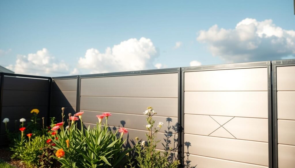 A minimalist outdoor privacy fence made of sleek metal panels, elegantly designed with clean lines and geometric patterns. In the foreground, the fence showcases smooth metal surfaces reflecting soft sunlight, highlighting the craftsmanship. The middle ground features a well-kept garden with vibrant green plants and colorful flowers, providing a serene contrast to the modern fence. In the background, a clear blue sky and gentle, fluffy clouds create an airy atmosphere. The scene is bathed in bright, natural light, enhancing the overall tranquility and sophistication of the space. The angle is slightly elevated, capturing a harmonious view of the fence integrated into a peaceful backyard setting, inviting a sense of privacy and elegance. A minimalist outdoor privacy fence made of sleek metal panels, elegantly designed with clean lines and geometric patterns. In the foreground, the fence showcases smooth metal surfaces reflecting soft sunlight, highlighting the craftsmanship. The middle ground features a well-kept garden with vibrant green plants and colorful flowers, providing a serene contrast to the modern fence. In the background, a clear blue sky and gentle, fluffy clouds create an airy atmosphere. The scene is bathed in bright, natural light, enhancing the overall tranquility and sophistication of the space. The angle is slightly elevated, capturing a harmonious view of the fence integrated into a peaceful backyard setting, inviting a sense of privacy and elegance.