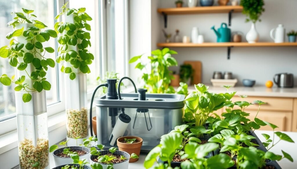 A modern hydroponic setup in a bright, airy kitchen with soft, natural sunlight streaming through a window. In the foreground, vibrant green plants like basil and lettuce grow in neatly arranged vertical towers and net pots filled with hydroponic media. The middle ground features a sleek water reservoir with visible nutrient solutions and an air pump, surrounded by small garden tools. In the background, wooden shelves display additional gardening supplies and a watering can, adding a touch of home décor. The scene is inviting and well-organized, highlighting the minimalist aesthetic of sustainable living. The overall atmosphere is relaxed and encouraging, perfect for beginners looking to cultivate their first home hydroponics garden.