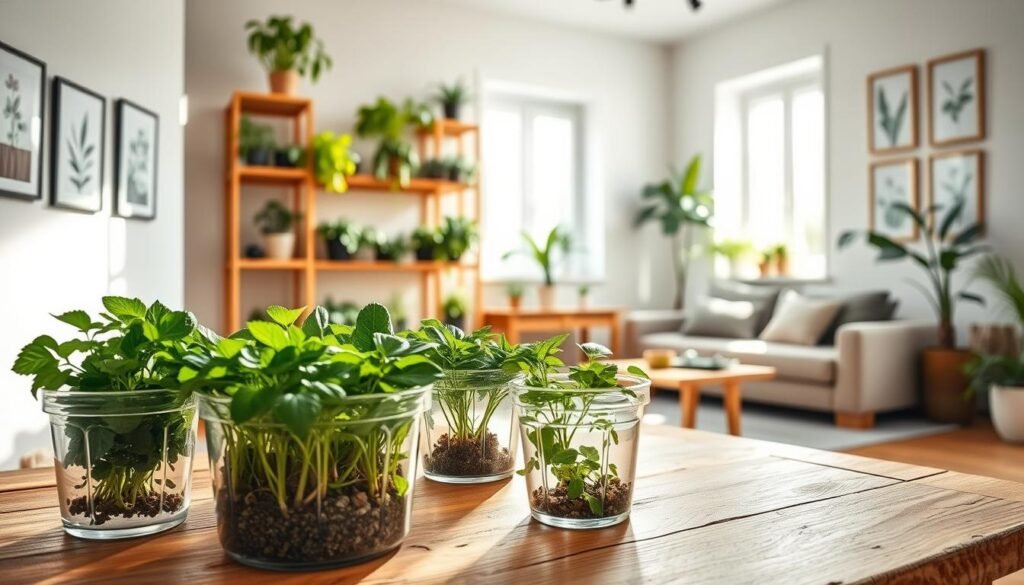 A modern indoor gardening scene featuring a vibrant hydroponic setup in a cozy living room. In the foreground, several clear containers filled with fresh herbs and leafy greens sit on a rustic wooden table. The middle ground showcases a stylish wooden shelving unit filled with plants in various stages of growth, illuminated by soft, bright natural light streaming in through a large window. The background includes light-colored walls adorned with botanical prints and an inviting lounge area with comfortable seating. The overall atmosphere is warm and airy, conveying a sense of tranquility and sustainability. The image is captured from a slight angle to provide depth, highlighting the craftsmanship of the wooden decor.