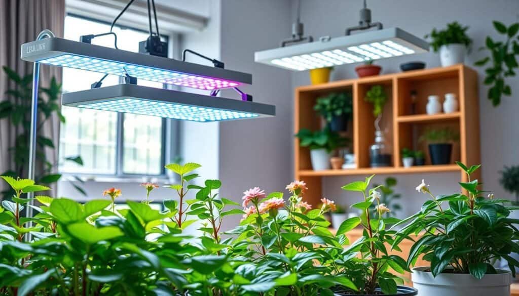 A modern indoor gardening setup featuring a variety of vibrant hydroponic plants flourishing under different styles of grow lights. In the foreground, several potted plants show lush green leaves, with some flowering. The middle ground displays a sleek, adjustable LED grow light system, complete with a soft blue and red glow illuminating the plants for optimal growth. The background features a beautifully arranged wooden shelf with additional gardening tools and decor items, bathed in bright, natural light filtering through a nearby window. The scene conveys a calm and productive atmosphere, showcasing a well-organized and inviting indoor cultivation space, demonstrating the importance of grow lights in indoor plant care.