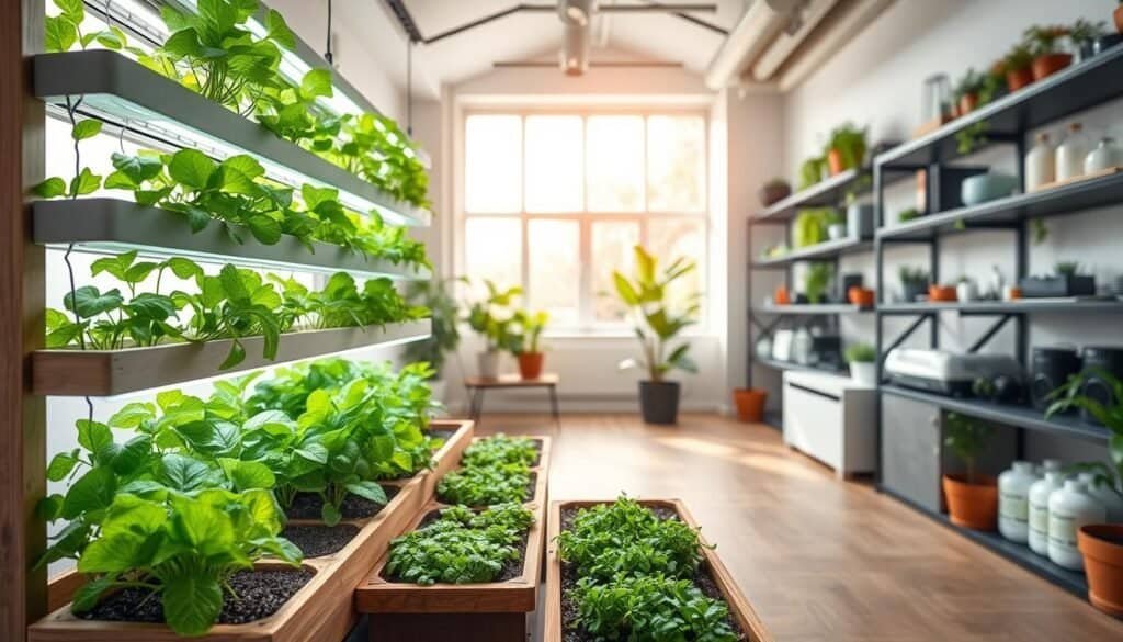 A modern indoor hydroponic gardening system, featuring various vibrant green plants such as lettuce, herbs, and tomatoes thriving in vertical arrangements. In the foreground, include a stylish wooden planter with neatly organized growing trays filled with nutrient-rich media. The middle ground showcases a well-lit, spacious room adorned with large windows allowing soft sunlight to filter in, creating an airy atmosphere. The background includes shelves displaying essential components such as water pumps, grow lights, and nutrient solutions, elegantly integrated into a chic home décor setting. Capture the scene with a wide-angle lens to emphasize the harmonious blend of technology and nature, evoking a sense of freshness and tranquility in a contemporary indoor environment.