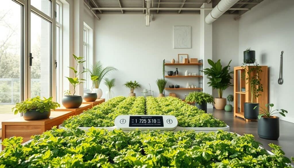 A modern indoor hydroponic system designed for smart technology, showcasing a sleek, minimalist setup with vibrant greenery. In the foreground, a series of nutrient-rich plant pods with lush herbs and vegetables, illuminated by soft, natural sunlight filtering through large windows. The middle ground features a high-tech control panel displaying digital metrics, surrounded by aesthetically pleasing wood accents and ceramic pots. In the background, an airy, well-organized space with bright white walls and elegant shelving for tools and supplies, enhancing the clean, modern feel. The overall atmosphere is inviting and futuristic, exuding a sense of innovation and sustainability in indoor gardening.