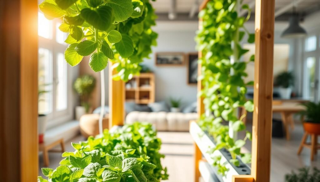 A modern indoor vertical garden hydroponic system featured prominently in the foreground, showcasing vibrant green leafy vegetables and herbs like lettuce, basil, and mint growing in rows. The middle ground includes a sleek, minimalist wooden frame supporting the hydroponic units, with water tubes visibly nourishing the plants. In the background, a well-decorated room with bright natural lighting illuminates the scene, allowing soft sunlight to filter through large windows, creating a warm and inviting atmosphere. The ambiance feels fresh and energizing, ideal for family gardening. The image captures a sense of sustainability and modern home décor, reflecting an innovative approach to growing food indoors.