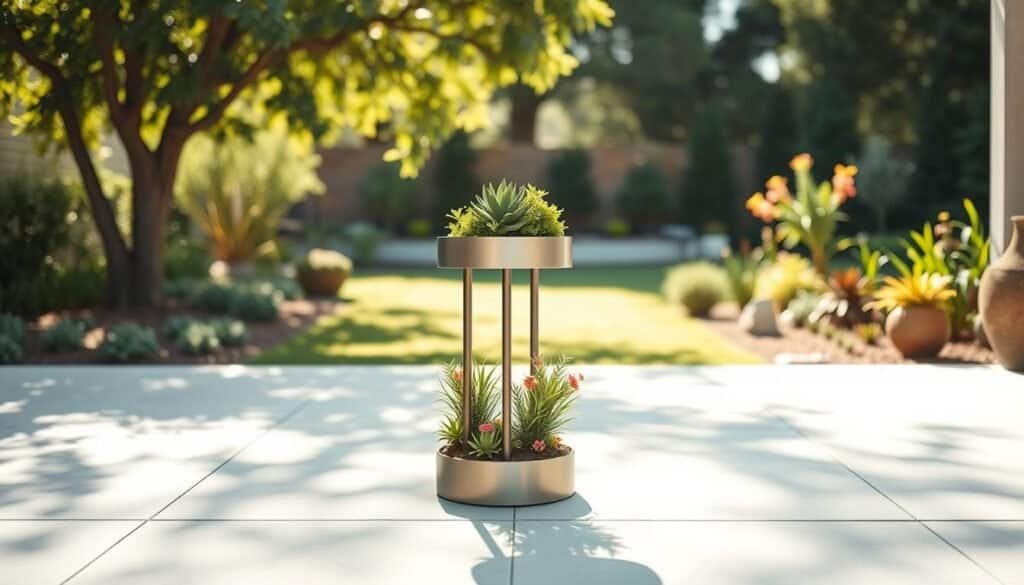 A modern metal pedestal plant stand featuring sleek, clean lines and a minimalist design, placed centrally in the foreground. The stand showcases an array of lush green plants, including small succulents and vibrant flowering species, creating a fresh, inviting atmosphere. Surrounding the stand, a smooth, light-colored patio surface enhances the contemporary feel. In the middle ground, soft sunlight filters through nearby trees, casting gentle shadows and illuminating the space, giving it an airy ambiance. The background features a well-maintained garden with subtle hints of more plants and decorative stones, suggesting a serene outdoor setting. Use a wide-angle lens to capture the entire scene with bright, natural light that highlights the textures and colors of the plants and the stand. Aim for a peaceful, uplifting mood that embodies the beauty of modern outdoor décor. A modern metal pedestal plant stand featuring sleek, clean lines and a minimalist design, placed centrally in the foreground. The stand showcases an array of lush green plants, including small succulents and vibrant flowering species, creating a fresh, inviting atmosphere. Surrounding the stand, a smooth, light-colored patio surface enhances the contemporary feel. In the middle ground, soft sunlight filters through nearby trees, casting gentle shadows and illuminating the space, giving it an airy ambiance. The background features a well-maintained garden with subtle hints of more plants and decorative stones, suggesting a serene outdoor setting. Use a wide-angle lens to capture the entire scene with bright, natural light that highlights the textures and colors of the plants and the stand. Aim for a peaceful, uplifting mood that embodies the beauty of modern outdoor décor.