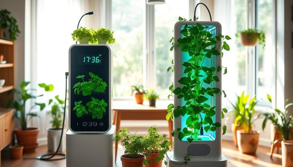 A modern smart hydroponic system set in a cozy, well-lit indoor space filled with bright natural light. In the foreground, showcase sleek, vertical stackable planters featuring vibrant green herbs and leafy greens, with a smart control panel displaying digital readings. The middle ground includes a stylish wooden table, surrounded by potted plants, creating an inviting atmosphere. The background features a window letting in soft sunlight, with a view of a serene garden. Capture the mood of effortless indoor growing, emphasizing innovation and sustainability in home gardening. Use a warm color palette to convey comfort and tranquility, shooting with a slight tilt to create depth. Ensure the composition highlights the harmony between technology and nature.