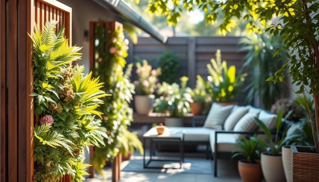 A modern, stylish privacy screen planter designed for a quaint, secluded patio. In the foreground, showcase a vibrant vertical planter filled with lush greenery, including ferns and flowering plants, featuring a sleek wooden frame. The middle ground presents a cozy sitting area with a comfortable outdoor sofa adorned with soft cushions, all under gentle, dappled sunlight filtering through the leaves. The background reveals a serene garden setting, with soft blurred details of other planters and trees creating depth. Capture the scene with a warm, inviting atmosphere, using natural lighting that emphasizes the vivid colors of the plants. Utilize a slightly elevated angle to highlight the privacy screen's functionality while creating an airy, spacious feeling in the composition. A modern, stylish privacy screen planter designed for a quaint, secluded patio. In the foreground, showcase a vibrant vertical planter filled with lush greenery, including ferns and flowering plants, featuring a sleek wooden frame. The middle ground presents a cozy sitting area with a comfortable outdoor sofa adorned with soft cushions, all under gentle, dappled sunlight filtering through the leaves. The background reveals a serene garden setting, with soft blurred details of other planters and trees creating depth. Capture the scene with a warm, inviting atmosphere, using natural lighting that emphasizes the vivid colors of the plants. Utilize a slightly elevated angle to highlight the privacy screen's functionality while creating an airy, spacious feeling in the composition.