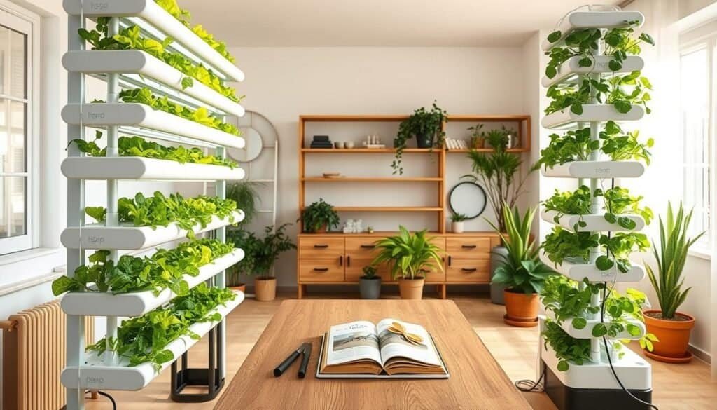 A modern vertical hydroponic system situated in a well-lit indoor environment. The foreground features multiple tiers of vibrant green plants, including lettuce and herbs, growing in sleek, white hydroponic channels. Each tier is connected to a subtle, structured water circulation system that glistens under soft sunlight streaming through a nearby window. In the middle ground, a minimalist wooden table displays essential hydroponic tools and a guidebook. The background reveals an airy room with soft, warm tones, decorated with natural wood accents and potted plants. The atmosphere conveys freshness and innovation, emphasizing a contemporary indoor gardening lifestyle. The image is captured with a slightly low angle to enhance the height of the vertical system, bathed in bright, natural light without any text or overlays.