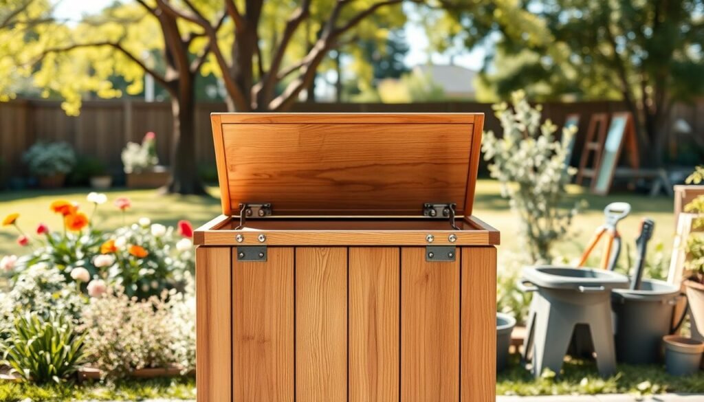 A modern wooden trash bin cover designed for a stylish backyard setting. The foreground features a sleek, sturdy wooden cover with a smooth finish, highlighting the fine grain of the wood, accented by polished metal hinges. In the middle ground, a spacious garden with colorful flowers and neatly arranged tools adds context, showcasing an inviting DIY environment. In the background, sun-dappled trees gently sway, enhancing the natural ambiance. The scene is bathed in bright, soft sunlight, creating a warm, airy atmosphere. Use a wide-angle lens to capture the entire setup, emphasizing the modern design of the trash bin cover while incorporating efficient use of space in the backyard. A modern wooden trash bin cover designed for a stylish backyard setting. The foreground features a sleek, sturdy wooden cover with a smooth finish, highlighting the fine grain of the wood, accented by polished metal hinges. In the middle ground, a spacious garden with colorful flowers and neatly arranged tools adds context, showcasing an inviting DIY environment. In the background, sun-dappled trees gently sway, enhancing the natural ambiance. The scene is bathed in bright, soft sunlight, creating a warm, airy atmosphere. Use a wide-angle lens to capture the entire setup, emphasizing the modern design of the trash bin cover while incorporating efficient use of space in the backyard.