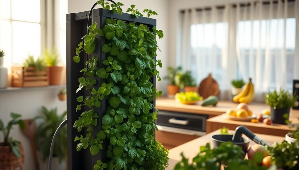 A modular hydroponic system, specifically the Gardyn Home Kit 3.0, prominently displayed in a cozy, modern kitchen. In the foreground, focus on the sleek vertical structure filled with vibrant green herbs and vegetables, showcasing detailed leaf textures and healthy growth. The midground features a stylish wooden countertop with gardening tools and fresh produce, adding to the homely feel. The background reveals a sunlit window with sheer curtains, allowing soft, natural light to illuminate the scene, enhancing the greenery's freshness and vitality. Capture the image from an angle slightly above eye-level for a dynamic perspective, conveying an atmosphere of abundance and sustainability in the home. No text or watermarks in the image.