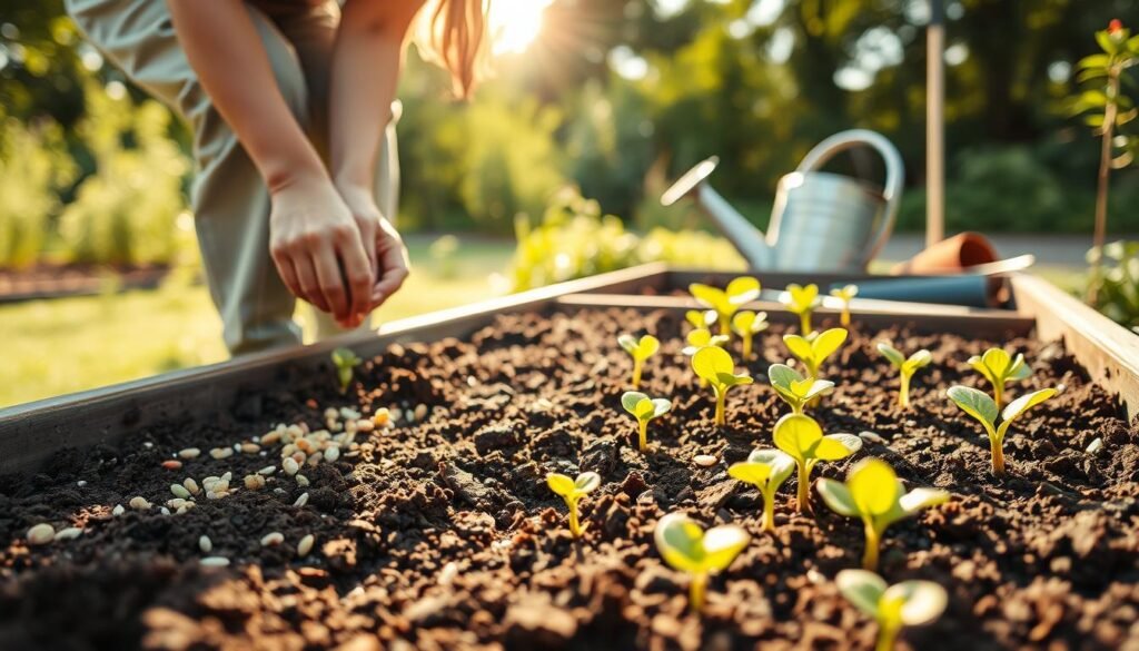 A peaceful garden scene depicting the process of starting a vegetable garden from seed. In the foreground, a gardener in modest casual clothing gently sows seeds into rich, dark soil in a rectangular raised bed. The seeds are colorful and varied, representing a range of vegetables. In the middle ground, small sprouting seedlings are visible, with vibrant green leaves emerging towards the soft, warm sunlight. The background features a lush garden backdrop with a few garden tools like a trowel and watering can nearby, basking in bright natural light. The lighting creates a serene, inviting mood, showcasing the nurturing aspect of gardening as the sun shines gently through trees. The scene is composed with a slight top-down angle to capture both the action of planting and the beauty of the emerging garden.