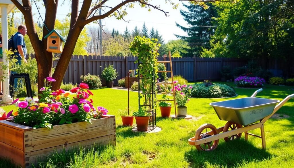 A picturesque backyard scene showcasing 10 easy DIY garden projects ideal for a weekend. In the foreground, a wooden planter box brimming with colorful flowers, a simple birdhouse perched on a nearby tree, and a rustic garden bench surrounded by potted herbs. In the middle ground, a small trellis supports climbing vines, and a wheelbarrow filled with gardening tools. In the background, a sunlit garden with lush green grass and vibrant blooms under a bright blue sky. The lighting is soft and warm, capturing the essence of a sunny day. The mood is inviting and cheerful, perfect for inspiring garden enthusiasts to embark on their weekend projects.
