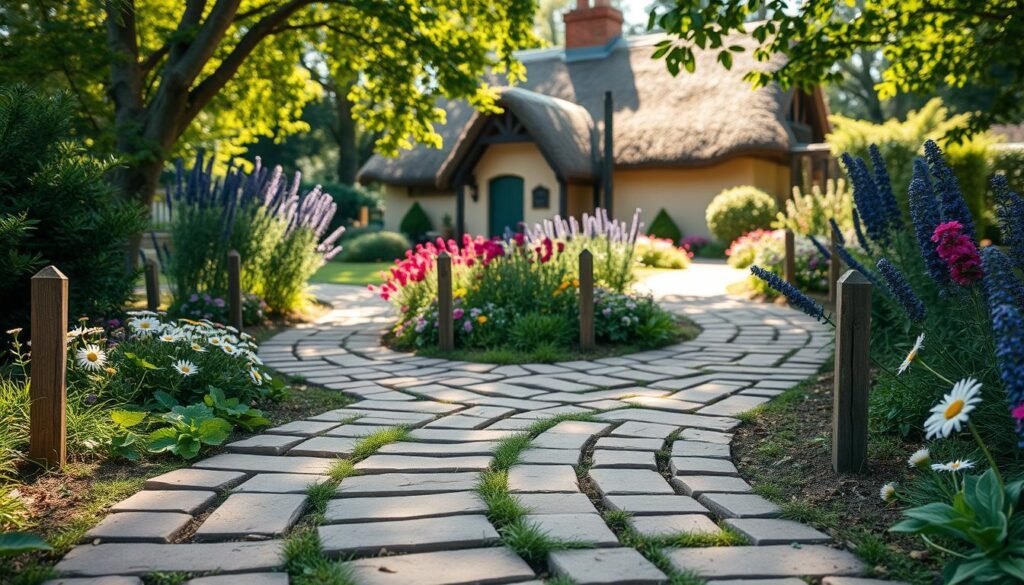 A picturesque cottage garden path made from recycled bricks, winding gently through lush greenery and colorful blooming flowers. In the foreground, intricately placed bricks form a charming pathway, with small rustic marker posts on each side made from reclaimed wood, showcasing a classic cottage aesthetic. The middle ground features a vibrant array of flowers like daisies and lavender, interspersed with greenery. In the background, a quaint cottage with a thatched roof peeks through a canopy of trees, dappled sunlight filtering through leaves. The scene is bathed in warm, soft sunlight, evoking a tranquil and inviting atmosphere. Capture this image with a shallow depth of field to focus on the pathway, allowing the background to softly blur and create depth.