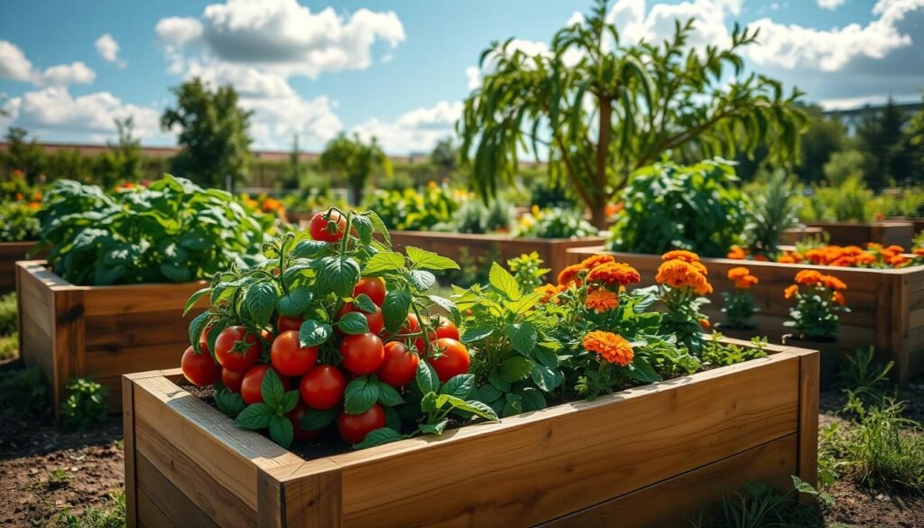A picturesque garden scene featuring multiple raised garden beds overflowing with vibrant vegetables and herbs, showcasing the benefits of superior soil control and drainage. In the foreground, focus on a well-constructed wooden raised bed filled with lush tomato plants and fragrant basil. The middle grounds should display additional raised beds with colorful marigolds and leafy greens, creating a sense of abundance. The background reveals a serene garden environment with a blue sky and fluffy white clouds, enhanced by soft sunlight filtering through the leaves, casting gentle shadows. The atmosphere conveys tranquility and productivity, inviting viewers to appreciate the beauty and practicality of raised beds in gardening.