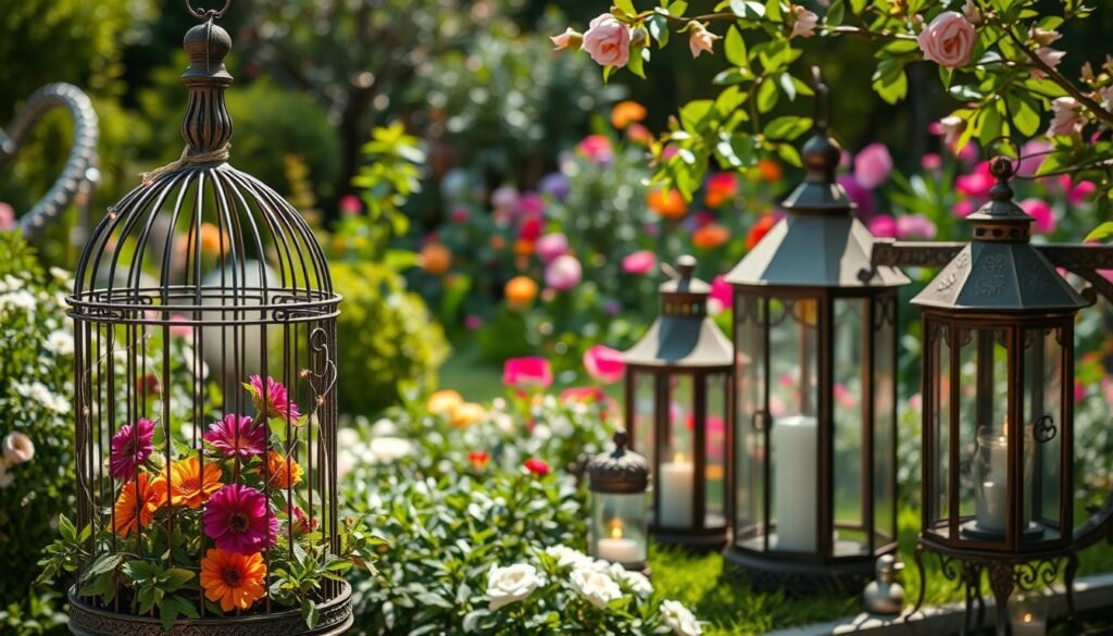 A picturesque garden setting featuring elegant antique birdcages and ornate lanterns as stunning garden containers. In the foreground, beautifully weathered birdcages made of wrought iron, adorned with lush greenery, vibrant flowers spilling out, and delicate twinkling fairy lights wrapped around them. The middle ground showcases vintage lanterns in varied sizes, made of glass and metal, casting a warm, inviting glow with soft sunlight filtering through leaves. In the background, a tranquil garden filled with blooming flowers and lush foliage, creating a sense of serenity. The scene is captured in bright natural light, emphasizing the details of the containers and plants, with a slightly blurred background to create depth. The overall mood is enchanting and serene, inviting viewers to envision a stylish garden oasis.