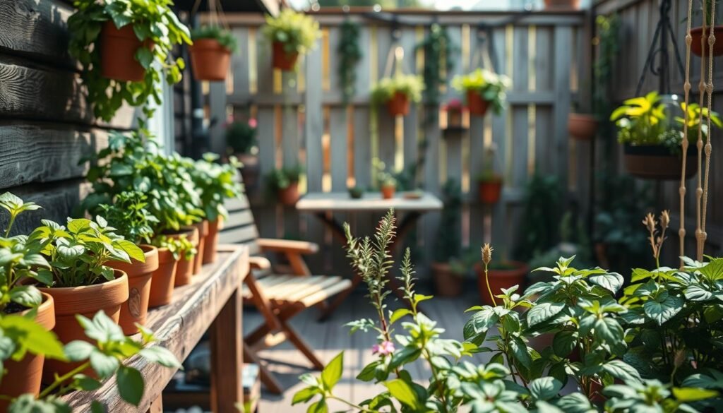 A quaint and charming herb garden designed for a small space, showcasing various potted herbs such as basil, mint, rosemary, and thyme arranged on a rustic wooden shelf. In the foreground, vibrant green leaves and delicate flowers are visible, capturing the essence of a flourishing garden. The middle ground features a cozy, inviting patio setting with minimalistic wooden furniture and hanging planters filled with herbs. In the background, a softly blurred garden fence adorned with climbing plants enhances the tranquil garden atmosphere. Soft sunlight filters through, creating a warm and inviting glow, while the overall composition evokes a sense of peacefulness and creativity in gardening. The photo is taken from a slightly elevated angle to emphasize the layout and the delightful textures of the plants.