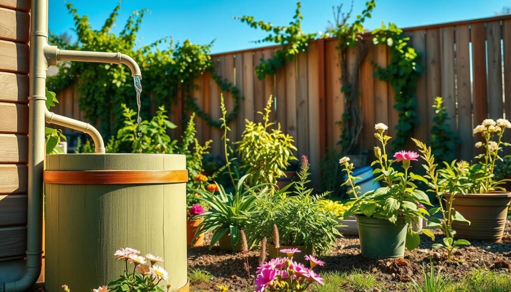 A realistic depiction of a DIY rain barrel setup in a vibrant garden. In the foreground, a wooden rain barrel, freshly painted in a soft green, sits next to a blossoming flowerbed. There's a simple downspout directing rainwater into the barrel, with droplets glistening in the sunlight. In the middle ground, lush greenery and various potted plants create a lively atmosphere. The background features a wooden fence partially covered in climbing vines, under a clear blue sky. The scene is illuminated by soft, warm sunlight, casting gentle shadows that enhance the tranquil mood. The overall composition is airy and well-lit, inviting viewers to appreciate this sustainable gardening project.
