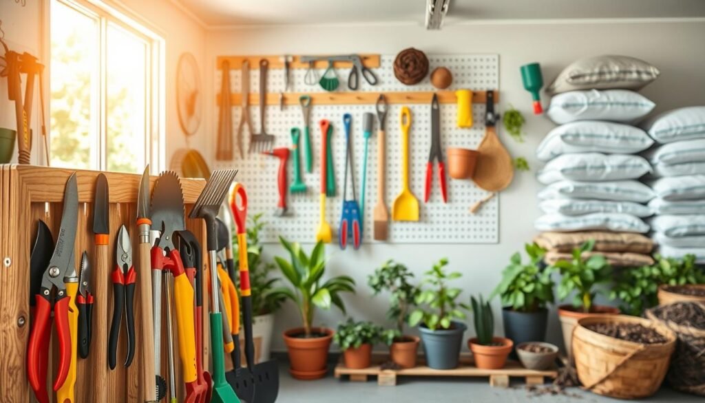 A realistic garage interior featuring an organized garden tool storage area. In the foreground, a wooden tool rack is neatly arranged with various hand tools like pruning shears, rakes, and a trowel, all in vibrant colors. The middle ground shows a pegboard with additional tools and accessories hanging above, illuminated by bright, soft natural light streaming through a window. In the background, potted plants and a neatly stacked pile of soil bags create a harmonious gardening atmosphere. The scene conveys a tidy, efficient space that suggests DIY organization. The lighting highlights the tools' textures, casting gentle shadows, enhancing the sense of depth and creating a cheerful, inviting mood. A realistic garage interior featuring an organized garden tool storage area. In the foreground, a wooden tool rack is neatly arranged with various hand tools like pruning shears, rakes, and a trowel, all in vibrant colors. The middle ground shows a pegboard with additional tools and accessories hanging above, illuminated by bright, soft natural light streaming through a window. In the background, potted plants and a neatly stacked pile of soil bags create a harmonious gardening atmosphere. The scene conveys a tidy, efficient space that suggests DIY organization. The lighting highlights the tools' textures, casting gentle shadows, enhancing the sense of depth and creating a cheerful, inviting mood.