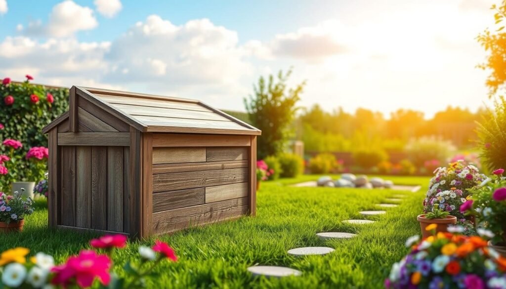 A realistic small garden storage box made of weathered wood, featuring a rustic design with a sloped lid. The box is placed on a lush green lawn surrounded by blooming flowers and small potted plants, creating a vivid and colorful foreground. In the middle ground, the garden has neatly arranged decorative stones and a small path leading to the storage box, enhancing the organization of the space. The background showcases a clear blue sky with soft, fluffy clouds and the warm glow of soft sunlight, creating an inviting and serene atmosphere. The photo is taken from a slightly elevated angle to include the surrounding garden elements, capturing the tranquility of a well-kept outdoor space. The overall mood is bright, airy, and cheerful, perfect for inspiring outdoor storage ideas. A realistic small garden storage box made of weathered wood, featuring a rustic design with a sloped lid. The box is placed on a lush green lawn surrounded by blooming flowers and small potted plants, creating a vivid and colorful foreground. In the middle ground, the garden has neatly arranged decorative stones and a small path leading to the storage box, enhancing the organization of the space. The background showcases a clear blue sky with soft, fluffy clouds and the warm glow of soft sunlight, creating an inviting and serene atmosphere. The photo is taken from a slightly elevated angle to include the surrounding garden elements, capturing the tranquility of a well-kept outdoor space. The overall mood is bright, airy, and cheerful, perfect for inspiring outdoor storage ideas.