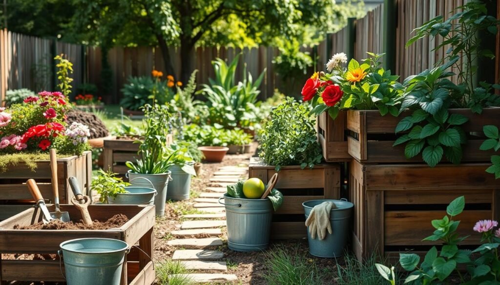A rustic backyard garden scene featuring weathered wooden crates overflowing with vibrant flowers, herbs, and leafy vegetables. Include several galvanized buckets positioned casually around the garden, some filled with soil and young plants, while others hold freshly gathered produce. The foreground should showcase a wooden crate topped with gardening tools like trowels and gloves. The middle ground can depict a narrow garden path of natural stones leading deeper into the lush greenery. In the background, a wooden fence and a cluster of trees complete the setting, bathed in soft, bright natural light that filters through, creating a warm and inviting atmosphere. Use a shallow depth of field to focus on the details of the crates and buckets, capturing the charming essence of rustic gardening.