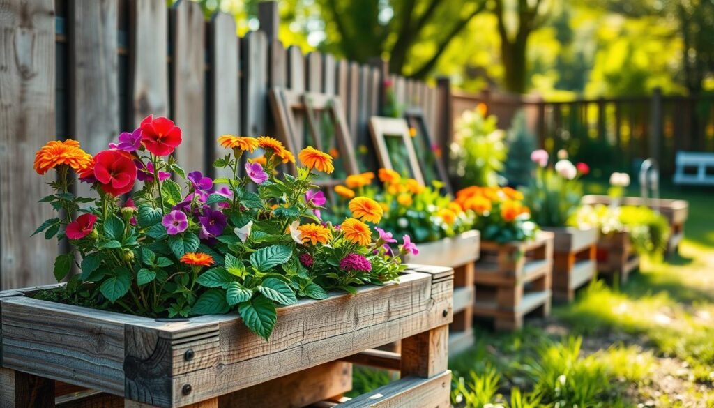 A rustic garden scene featuring beautifully crafted wood pallet planters filled with vibrant flowers and lush greenery. In the foreground, a weathered wood pallet planter showcases a variety of colorful blooms like petunias and marigolds, with a few herbs peeking through. The middle ground includes several more planters, some leaning against a wooden fence, creating a charming, organic layout. In the background, a soft focus of a lush garden setting with bright natural light filtering through trees, casting dappled shadows. The atmosphere is warm and inviting, evoking a sense of tranquility and the joy of gardening. The image captures details like the textures of the wood and the vibrant colors of the plants, emphasizing the rustic charm of DIY garden projects.