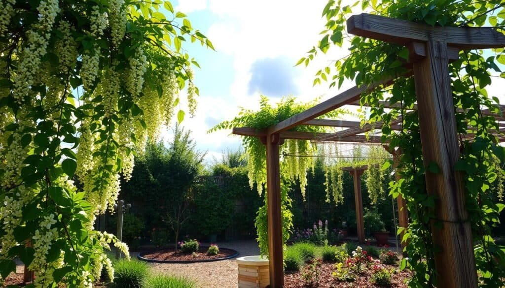 A rustic garden trellis made of weathered wood, adorned with vibrant green climbing plants like wisteria and ivy. In the foreground, the trellis is covered in delicate blossoms, showcasing seasonal care and maintenance. The middle ground features a well-maintained garden bed with mulch and colorful flowers, while the background reveals a bright blue sky with fluffy white clouds, and soft sunlight filtering through the leaves, casting gentle shadows. The scene conveys a tranquil, inviting atmosphere, ideal for enjoying the beauty of nature. Capture this image from a slightly low angle to emphasize the height of the trellis, enhancing the overall depth and richness of the garden setting.