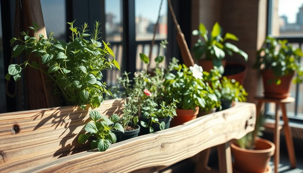 A rustic wooden plant holder prominently displayed in a cozy urban garden setting. The holder is crafted from reclaimed wood, featuring rich textures and natural imperfections that highlight its handmade charm. It holds a diverse array of lush, green plants, creating a vibrant contrast against the organic material. In the foreground, soft sunlight casts gentle shadows, enhancing the details of the wood grain. In the middle, small potted herbs and flowering plants spill color and life from the holder, while in the background, a small balcony with urban views hints at a serene escape. The atmosphere is warm and inviting, embodying a sense of tranquility amidst city life. The scene is captured from a slightly elevated angle, emphasizing depth and space, with a focus on natural lighting to create a bright, airy feel. A rustic wooden plant holder prominently displayed in a cozy urban garden setting. The holder is crafted from reclaimed wood, featuring rich textures and natural imperfections that highlight its handmade charm. It holds a diverse array of lush, green plants, creating a vibrant contrast against the organic material. In the foreground, soft sunlight casts gentle shadows, enhancing the details of the wood grain. In the middle, small potted herbs and flowering plants spill color and life from the holder, while in the background, a small balcony with urban views hints at a serene escape. The atmosphere is warm and inviting, embodying a sense of tranquility amidst city life. The scene is captured from a slightly elevated angle, emphasizing depth and space, with a focus on natural lighting to create a bright, airy feel.