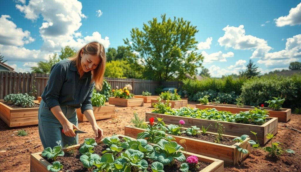 A serene and well-maintained raised garden bed in a vibrant backyard setting, showcasing a variety of healthy vegetables and flowers thriving in rich soil. In the foreground, a gardener in modest casual clothing is gently tending to the plants, holding pruning shears, with a look of contentment on their face. The middle ground features multiple wooden raised beds, arranged neatly, with lush green foliage and colorful blooms creating an inviting atmosphere. In the background, a bright blue sky is dotted with fluffy white clouds, and soft sunlight filters through the trees, casting dappled shadows on the ground. The scene radiates a sense of tranquility and dedication to sustainable gardening practices, highlighting the beauty and joy of raised bed maintenance.