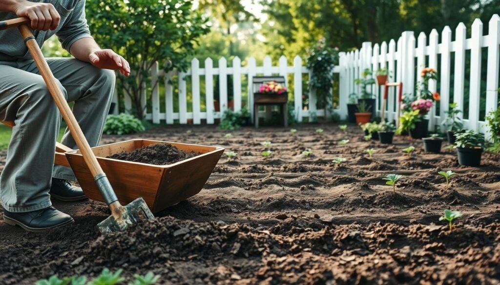 A serene backyard garden scene focused on preparing the soil for vegetable planting. In the foreground, a gardener dressed in modest casual clothing is kneeling, turning rich, dark soil with a handheld garden fork. A wooden wheelbarrow filled with freshly dug compost sits nearby. The middle ground features neatly organized rows of tilled soil, ready for seeds, surrounded by small garden tools and potted herbs. In the background, a white picket fence partially enclosing the garden reflects a homey touch, with green trees and vibrant flowers enhancing the scene. Soft, diffused sunlight filters through, creating a warm and inviting atmosphere that encourages growth and cultivation.