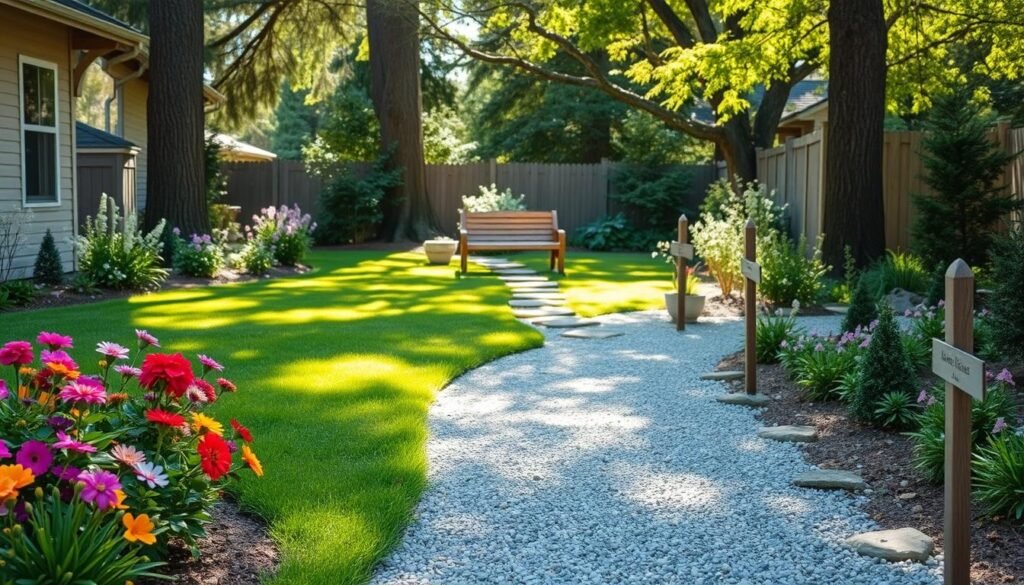 A serene backyard pathway showcasing beautiful landscaping tips to enhance DIY garden marker posts. In the foreground, vibrant flower beds flank a gravel walkway, dotted with decorative marker posts. The middle ground features lush green grass and artfully arranged stones leading towards the pathway, while a wooden bench invites passersby to linger. In the background, tall trees create a natural canopy, allowing soft, dappled sunlight to filter through, casting gentle shadows on the ground. The scene is captured from a slightly elevated angle, emphasizing the depth and flow of the path. The overall mood is inviting and peaceful, highlighting the beauty and functionality of the garden design in bright natural light.