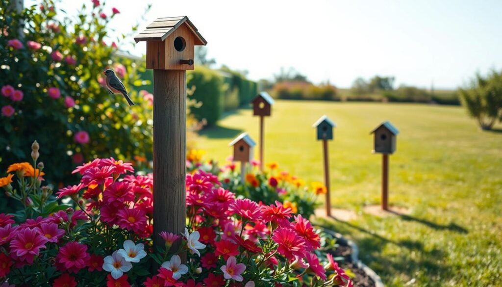 A serene backyard scene featuring a well-manicured garden with a variety of colorful flowers and lush green plants. In the foreground, a carefully placed wooden birdhouse post stands tall, surrounded by vibrant blossoms attracting various birds. The middle ground includes a few birdhouses in different designs, harmoniously blending with the environment, while a gentle breeze causes the branches to sway. In the background, a sun-dappled lawn bathed in soft sunlight creates a warm and inviting mood. The image is captured with a slightly elevated angle using a 50mm lens to emphasize the birdhouses and garden setting, conveying a peaceful and idyllic atmosphere perfect for attracting garden wildlife.