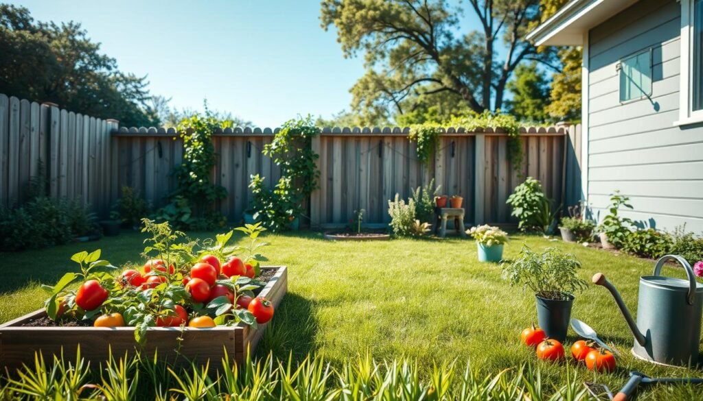 A serene backyard scene showcasing an ideal location for gardening. In the foreground, a well-maintained raised garden bed filled with vibrant vegetables like tomatoes, peppers, and herbs. The middle ground features a lush green lawn encircling the garden bed, with small garden tools and a watering can nearby. In the background, a rustic wooden fence decorated with climbing plants, and a clear blue sky above, allowing soft sunlight to filter through the trees. The atmosphere is tranquil and inviting, emphasizing a sense of harmony with nature. The composition is captured from a slightly elevated angle, enhancing the depth and perspective of the garden layout. Bright natural light creates a warm, inviting ambiance, perfect for a DIY gardening setting.