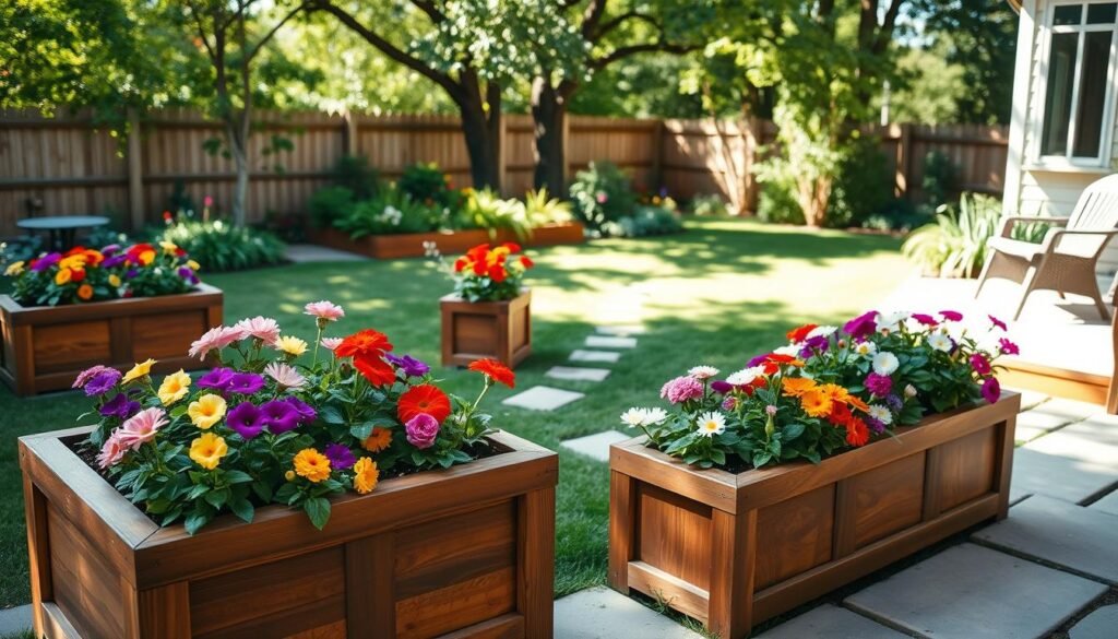 A serene backyard setting showcasing classic rectangular planter box designs crafted from rich, weathered wood. In the foreground, several intricately designed planter boxes filled with vibrant flowers in various stages of bloom, showcasing colorful petunias, marigolds, and daisies. The middle ground features a lush green lawn and stone pathways connecting to the planters, while in the background, soft sunlight filters through leafy trees, creating a dappled light effect. The scene captures the essence of a cozy gardening nook, evoking feelings of tranquility and inspiration. The photograph is taken from a slightly elevated, wide-angle perspective, highlighting the beauty of the planters against the idyllic backyard landscape, all under bright, natural lighting to enhance the vibrant colors and textures. A serene backyard setting showcasing classic rectangular planter box designs crafted from rich, weathered wood. In the foreground, several intricately designed planter boxes filled with vibrant flowers in various stages of bloom, showcasing colorful petunias, marigolds, and daisies. The middle ground features a lush green lawn and stone pathways connecting to the planters, while in the background, soft sunlight filters through leafy trees, creating a dappled light effect. The scene captures the essence of a cozy gardening nook, evoking feelings of tranquility and inspiration. The photograph is taken from a slightly elevated, wide-angle perspective, highlighting the beauty of the planters against the idyllic backyard landscape, all under bright, natural lighting to enhance the vibrant colors and textures.