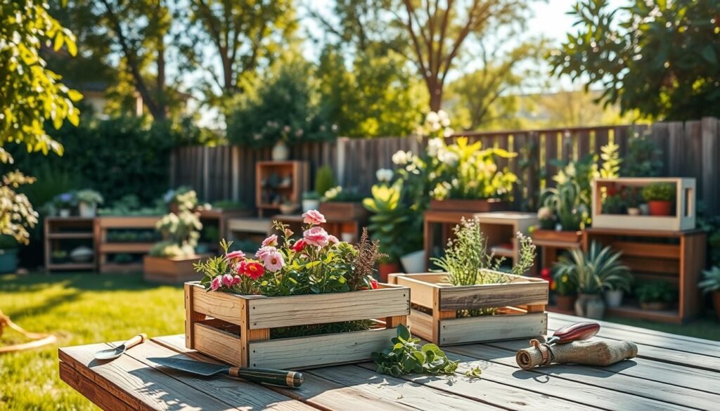 A serene backyard setting showcasing several DIY garden crates made from recycled wood materials. In the foreground, a beautifully crafted wooden crate, filled with vibrant flowers and herbs, sits on a rustic wooden table, surrounded by gardening tools like a small trowel and gloves. The middle ground reveals an assortment of wooden crates of various sizes, some stacked and others laid flat, all displaying various plants, vegetables, and decorative elements, hinting at creativity and resourcefulness. The background features a lush garden with green foliage and a bright blue sky, illuminated by warm, soft sunlight filtering through the leaves. The atmosphere is inviting and peaceful, conveying a sense of accomplishment and connection with nature, perfect for a weekend DIY project.