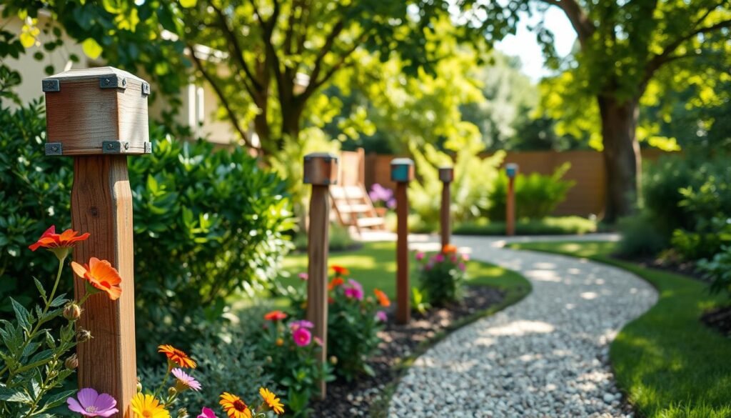 A serene backyard walkway lined with rustic marker posts, each uniquely designed with colorful painted patterns and natural wood textures. In the foreground, vibrant flowers bloom alongside the pathway, enhancing its charm. The middle ground features a gently curving path made of gravel, inviting the viewer to stroll through this garden oasis. In the background, lush green shrubs and leafy trees provide a sense of tranquility, with soft sunlight filtering through the leaves, creating dappled light on the ground. The scene captures a peaceful, inviting atmosphere, emphasizing the aesthetic and functional benefits of installing marker posts along walkways. The image should be well-lit, showcasing the details of the posts and the path, with a shallow depth of field to focus on the foreground elements.
