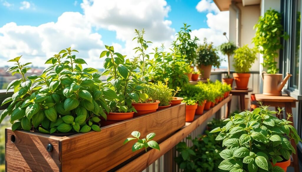 A serene balcony herb garden bursting with vibrant green plants, featuring pots of fresh basil, rosemary, thyme, and mint arranged neatly along a wooden railing. The foreground includes a rustic wooden planter filled with thriving herb plants, showcasing their leaves with dewdrops glistening in the soft morning light. In the middle, a few terracotta pots hold various herbs at different heights for visual interest, with a sturdy wooden table beside them displaying a small watering can and gardening tools. The background shows a bright blue sky with fluffy white clouds, hinting at a sunny day, while the airy atmosphere is enhanced by soft, golden sunlight filtering through. The mood is tranquil and inviting, perfect for cultivating a passion for home gardening.