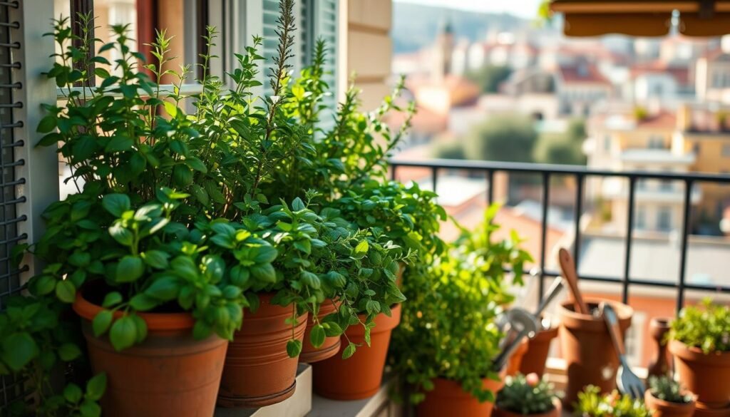 A serene balcony herb garden filled with vibrant greenery, showcasing a stylish window box planter overflowing with lush herbs such as basil, rosemary, and thyme. In the foreground, beautifully arranged pots of various sizes create an inviting atmosphere. The middle ground features delicate terracotta pots and planters, with small garden tools artfully placed nearby. The background shows a charming cityscape with soft, natural light illuminating the scene, emphasizing the fresh herbs. The overall mood is peaceful and inspiring, perfect for urban gardeners. The scene captures the beauty of nature integrated into contemporary living spaces, with bright sunlight streaming in, creating a warm, airy feel.