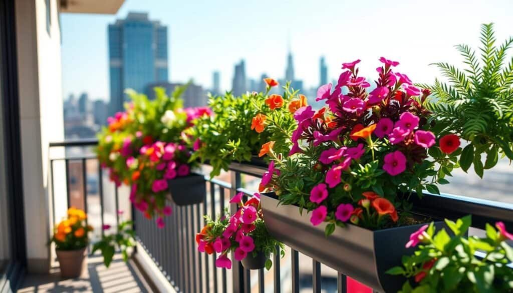 A serene balcony scene showcasing vibrant railing planters filled with an array of colorful flowers and lush green foliage. In the foreground, the planters are sleek and modern, crafted from weather-resistant materials, overflowing with petunias, geraniums, and ferns, creating a vibrant patchwork of colors. The middle ground features a sturdy metal railing adorned with the planters, elegantly arranged to maximize space. In the background, a soft, blurred view of a city skyline under a bright blue sky accentuates the elevated greenery. The soft sunlight bathes the scene, casting gentle shadows and adding warmth to the overall atmosphere. Captured with a wide-angle lens to emphasize depth, the image evokes a feeling of tranquility and urban coziness, perfect for small spaces. A serene balcony scene showcasing vibrant railing planters filled with an array of colorful flowers and lush green foliage. In the foreground, the planters are sleek and modern, crafted from weather-resistant materials, overflowing with petunias, geraniums, and ferns, creating a vibrant patchwork of colors. The middle ground features a sturdy metal railing adorned with the planters, elegantly arranged to maximize space. In the background, a soft, blurred view of a city skyline under a bright blue sky accentuates the elevated greenery. The soft sunlight bathes the scene, casting gentle shadows and adding warmth to the overall atmosphere. Captured with a wide-angle lens to emphasize depth, the image evokes a feeling of tranquility and urban coziness, perfect for small spaces.
