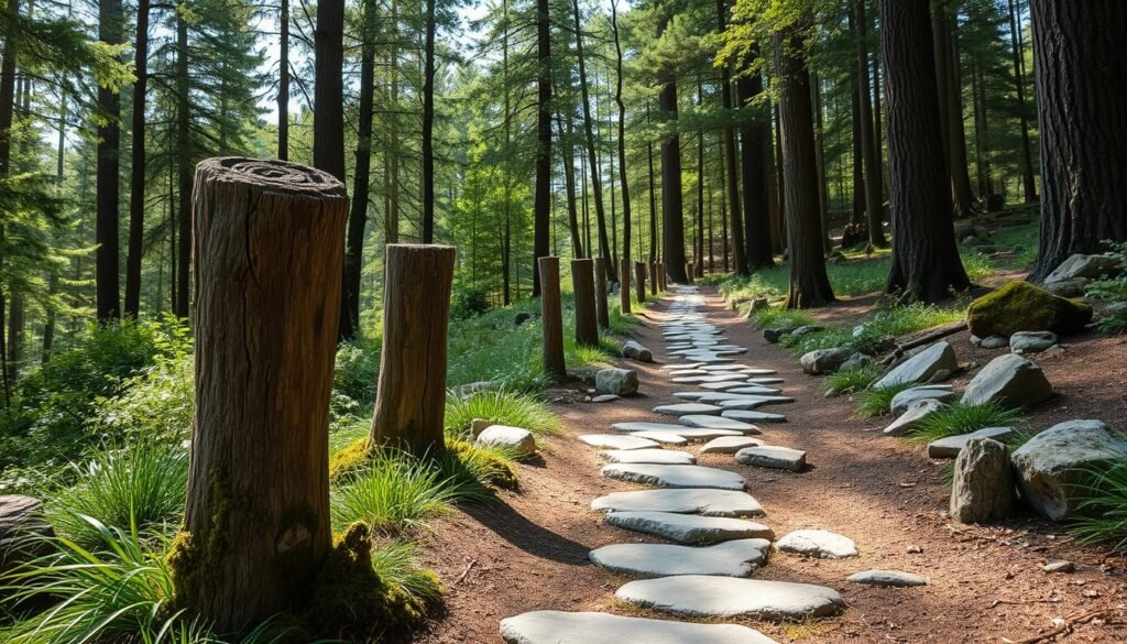 A serene forest path designed with rustic charm, featuring natural logs and smooth rocks scattered along the walkway. In the foreground, sturdy log marker posts rise from the ground, embellished with subtle moss and lichen, providing a guiding line through the greenery. The middle ground showcases a winding path lined with well-placed stones and logs, creating a harmonious blend with the wild environment. The background features tall trees casting soft dappled sunlight, enhancing the peaceful atmosphere of the scene. Capture this in bright natural light, with a focus on detail, using a wide-angle lens to emphasize the enchanting depth of the forest. The mood is inviting and tranquil, perfect for a forest-inspired garden path.