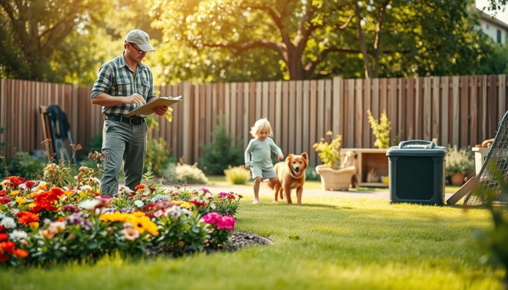 A serene garden scene depicting garden hazards prevention. In the foreground, a well-maintained garden with colorful flowering plants, neatly trimmed grass, and clearly marked tool storage. A professional landscape gardener in modest casual clothing is checking a maintenance schedule on a clipboard, showcasing the importance of regular upkeep for safety. In the middle ground, a child plays with a well-behaved dog, both enjoying the safe surroundings, toys tucked away in a designated storage area. The background features a wooden fence and bright sunlight filtering through trees, enhancing the cheerful atmosphere. The scene should have soft, natural lighting that conveys a sense of calm, security, and an inviting outdoor space.