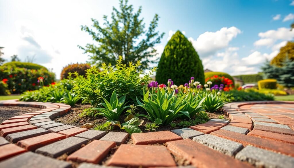 A serene garden scene featuring a beautifully arranged decorative brick garden border. In the foreground, freshly laid red and gray bricks create a charming, curved pathway intertwined with vibrant green plants and colorful flowers. In the middle ground, lush greenery and well-manicured shrubs complement the brickwork, enhancing the inviting atmosphere. The background showcases a bright blue sky with soft, fluffy clouds and filtered sunlight casting gentle shadows on the garden. The focus is a low angle view that captures the texture of the bricks and the greenery, creating a warm, inviting, and peaceful mood. The image should be airy and well-lit, showcasing the harmony between nature and hardscape elements without any people or text.
