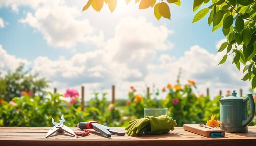A serene garden scene illustrating safety guidelines for garden tools in the context of environmental factors and weather-related safety. In the foreground, a well-organized gardening workspace features neatly arranged essential tools like pruning shears, gloves, and a watering can, all positioned on a wooden workbench. The middle ground shows a vibrant garden with lush greenery and blooming flowers, while a bright blue sky with soft, fluffy clouds peeks through. Subtle hints of rain clouds on the horizon indicate potential weather changes, emphasizing the importance of safety precautions. The lighting is warm and inviting, with soft sunlight filtering through the leaves, creating an airy, well-lit atmosphere. The overall mood conveys a sense of preparedness and awareness, perfect for educating readers about garden tool safety.