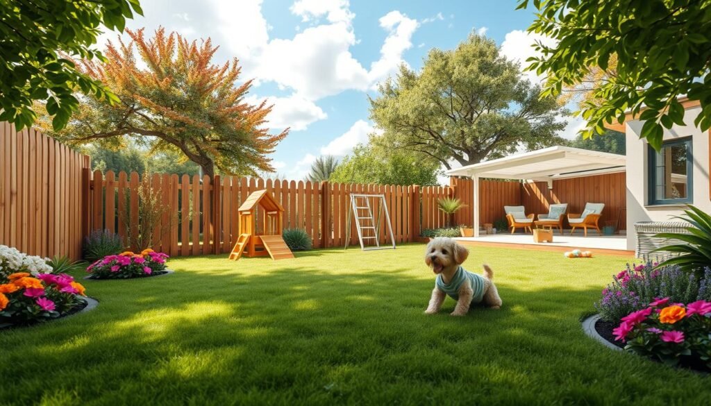 A serene garden setting designed for children's and pets' safety. In the foreground, a young child plays with a small dog on a plush, soft grass lawn surrounded by low, colorful flower beds. The middle ground features a sturdy wooden fence, ensuring a secure area, with a play structure and pet-friendly toys scattered around. The background showcases a sunny sky filled with fluffy clouds, vibrant trees, and a cozy corner with a shaded seating area. The lighting is bright and natural, with soft sunlight filtering through the leaves, casting playful shadows. The scene exudes a cheerful, inviting atmosphere, symbolizing a safe and nurturing environment for both kids and pets.
