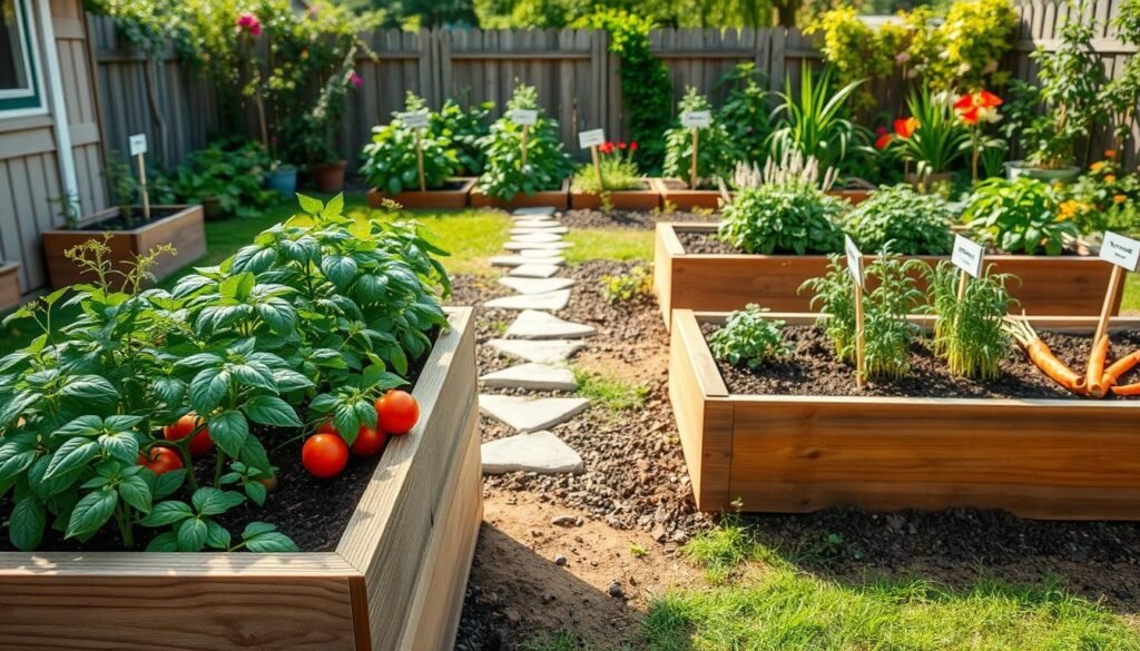 A serene kitchen garden featuring raised beds filled with vibrant vegetables and herbs, such as tomatoes, basil, and carrots. In the foreground, a wooden raised bed constructed from weathered cedar, with rich soil and healthy plants thriving. The middle ground includes a neatly arranged pathway made of rustic stones, leading to additional raised beds, each labeled with charming garden markers. The background reveals a lush backyard, dotted with flowering plants and a wooden fence, creating a cozy atmosphere. Bathed in soft, natural sunlight, the scene evokes a sense of tranquility and abundant life. The image is taken from a slightly elevated angle to capture the full layout of the garden, conveying a welcoming and well-integrated kitchen garden space.